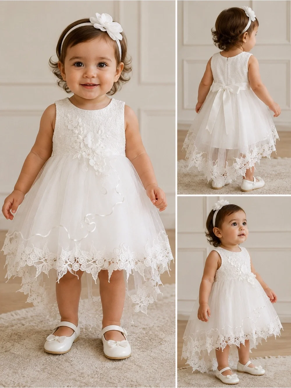 Baby Girl White Lace Tulle Dress with Headband.  64